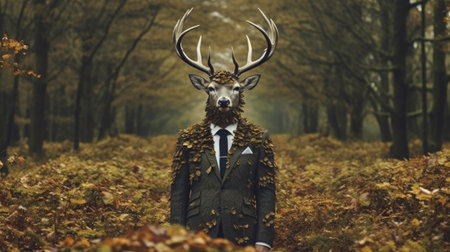 Fantasy image of a deer in a suit and a bow tie.の素材