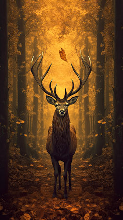 Deer in the autumn forest with fallen leaves,の素材