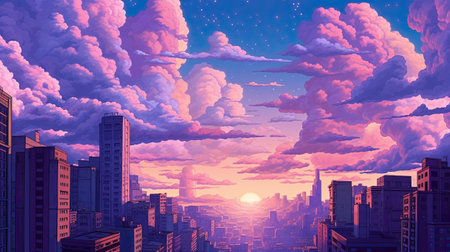 Fantasy cityscape with clouds and sky.の素材