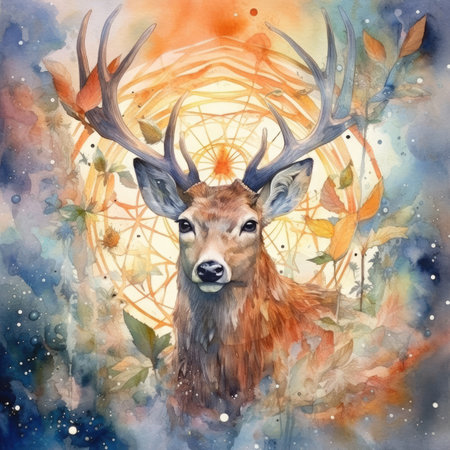 Watercolor portrait of a wild deer with antlers in the forest.の素材