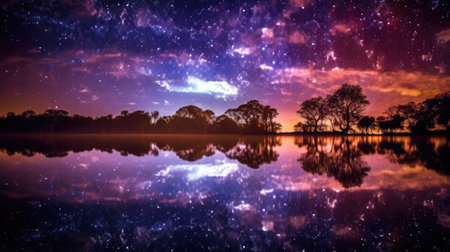 Night sky with stars and silhouettes of trees reflected in the lakeの素材
