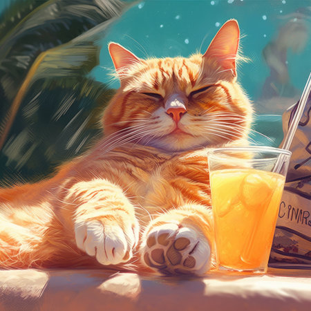 ginger cat and orange juice in a glass on the beach.の素材