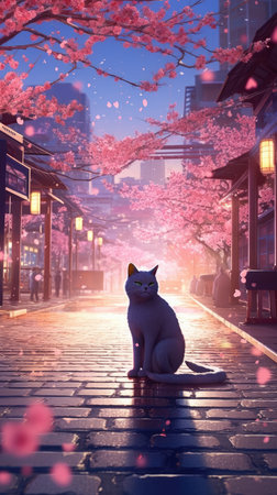 a cat sitting on the street with cherry blossomsの素材