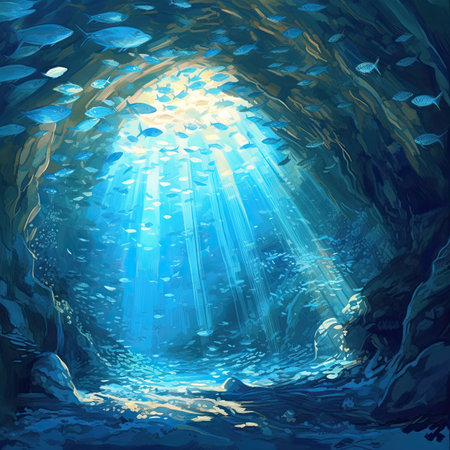 Underwater scene with fish and rays of light.の素材