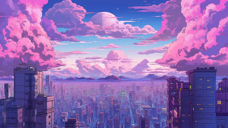 Fantasy cityscape with skyscrapers and clouds.の素材
