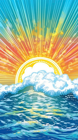 Summer sea landscape with sun, waves and clouds.の素材