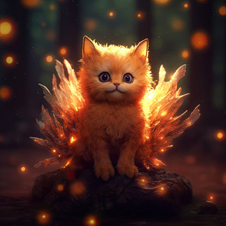 Cute little red kitten with angel wings sitting in a magical forest.の素材