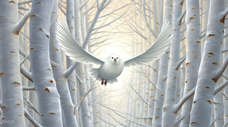 White seagull flying in the winter forest.の素材