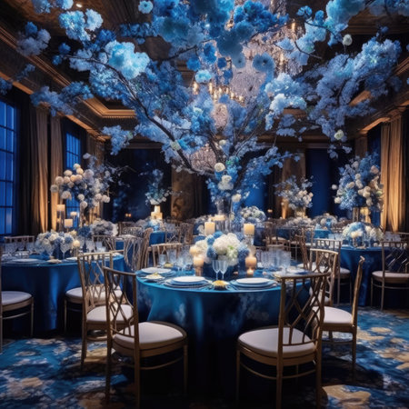 Luxury restaurant interior with blue and white flowers.の素材
