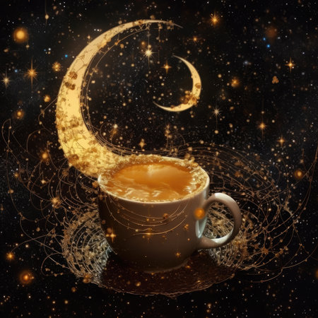 Cup of coffee with golden crescent moon and stars in spaceの素材