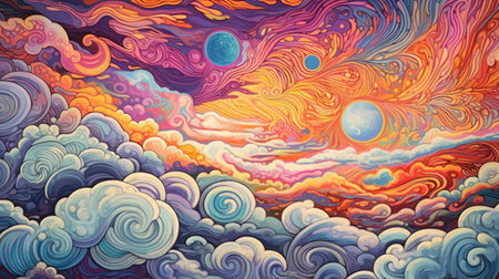 Colorful abstract background with clouds and moon in the skyの素材