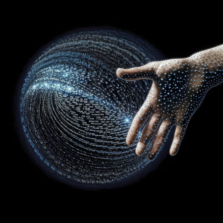 a human hand touching a digital globe with a networkの素材