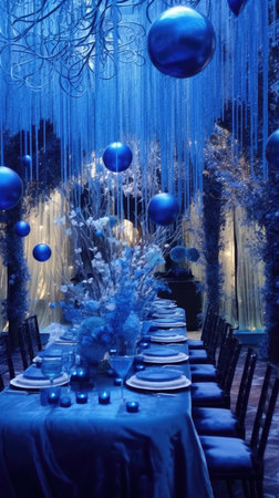 Wedding Banquet Decorated with Blue Ball and Branchesの素材