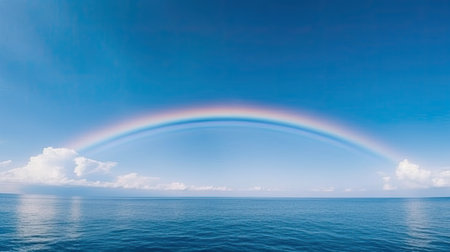 Rainbow over the sea and blue sky background.の素材