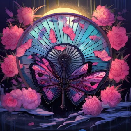 Beautiful background with a fan and a butterfly.の素材