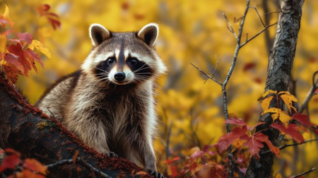 Raccoon in the autumn forest. Wild raccoon in the autumn forest.の素材