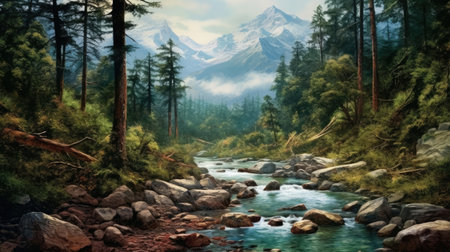 Mountain landscape with a river and coniferous forest on the backgroundの素材