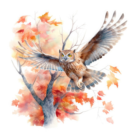 Watercolor owl flying in the autumn forest.の素材