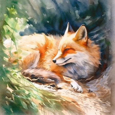 Watercolor red fox in the forest.の素材