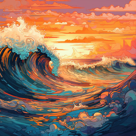 Vector illustration of a beautiful sunset in the sea with a wave.の素材