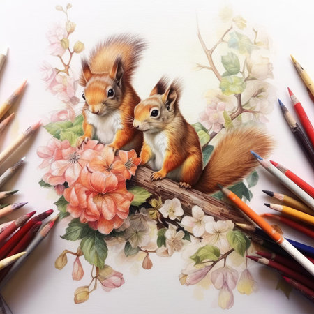 Cute little squirrels sitting on a branch with flowers and colorful pencilsの素材