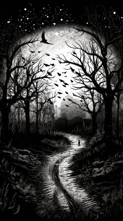 Halloween night landscape with full moon, black and white illustration.の素材