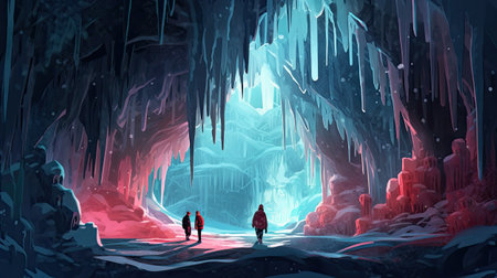 Illustration of a cave with a couple walking in front of itの素材