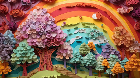 Paper art of tree and rainbow. Papercraft background. Paper craft.の素材