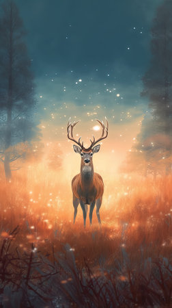 a deer in a foggy forest at night.の素材