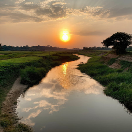 Sunset over the river in the countrysideの素材