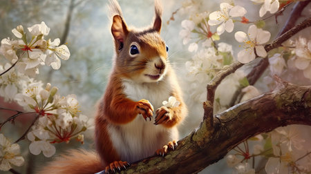 Squirrel on a branch of a blossoming tree with white flowersの素材