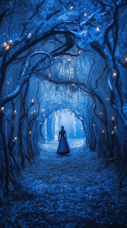 A girl in a blue dress walks through a mysterious dark forest.の素材