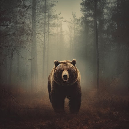 Wild brown bear walking in a foggy forest.の素材