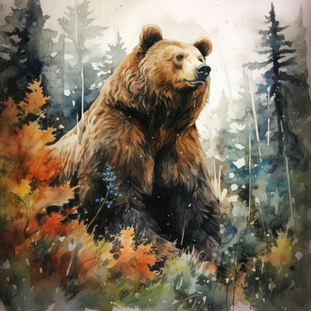 Watercolor brown bear in the forest.の素材