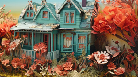 Miniature houses made of clay with flowers and plants. Close-upの素材