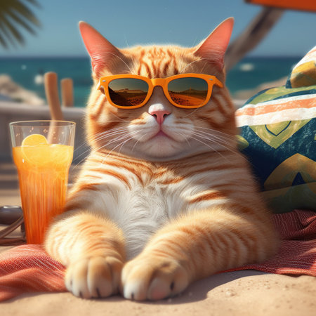 Cute ginger cat with sunglasses and orange juice lying on the beachの素材