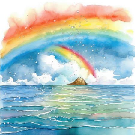 Watercolor rainbow over the sea.の素材