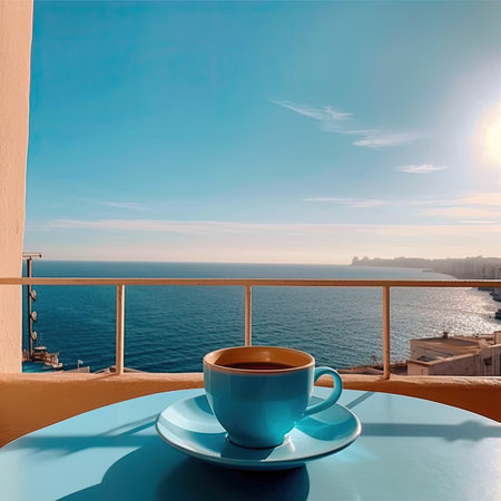 Coffee cup on the balcony overlooking the sea and the cityの素材