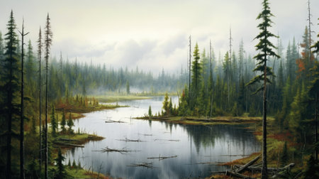 Mountain lake in the morning mist. Panoramic view.の素材
