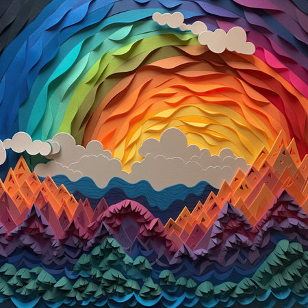 Rainbow and mountains in paper cut style. Colorful background.の素材