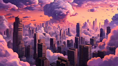 Fantasy cityscape with skyscrapers and clouds.の素材