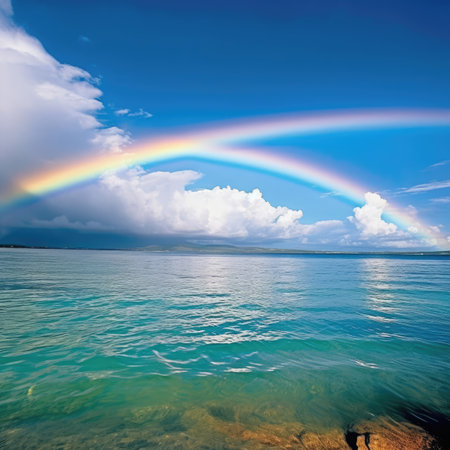 rainbow over the sea on a background of blue sky with cloudsの素材