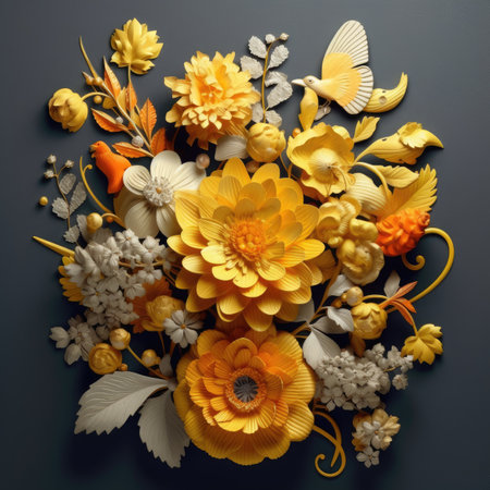Flower bouquet on dark background. Flat lay, top viewの素材