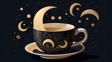 Cup of coffee with moon and stars on dark background.の素材