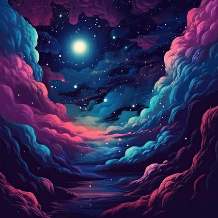 Fantasy landscape with moon, stars and cloudsの素材