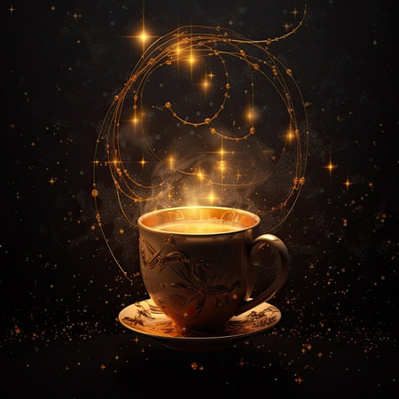 Cup of tea with magic lights on black background.の素材