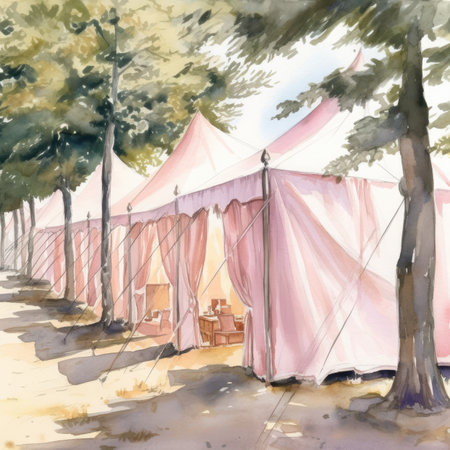 Watercolor tent camp in the woods.の素材