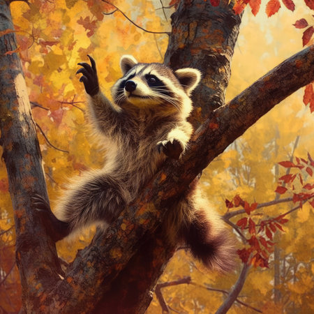 Raccoon climbing on a tree in autumn forest.の素材