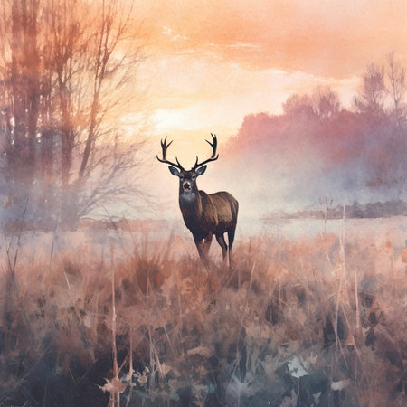 Watercolor red deer stag standing in the meadow at sunset.の素材