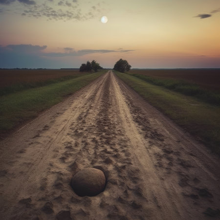 Sunset on a rural road with a stone in the foreground.の素材